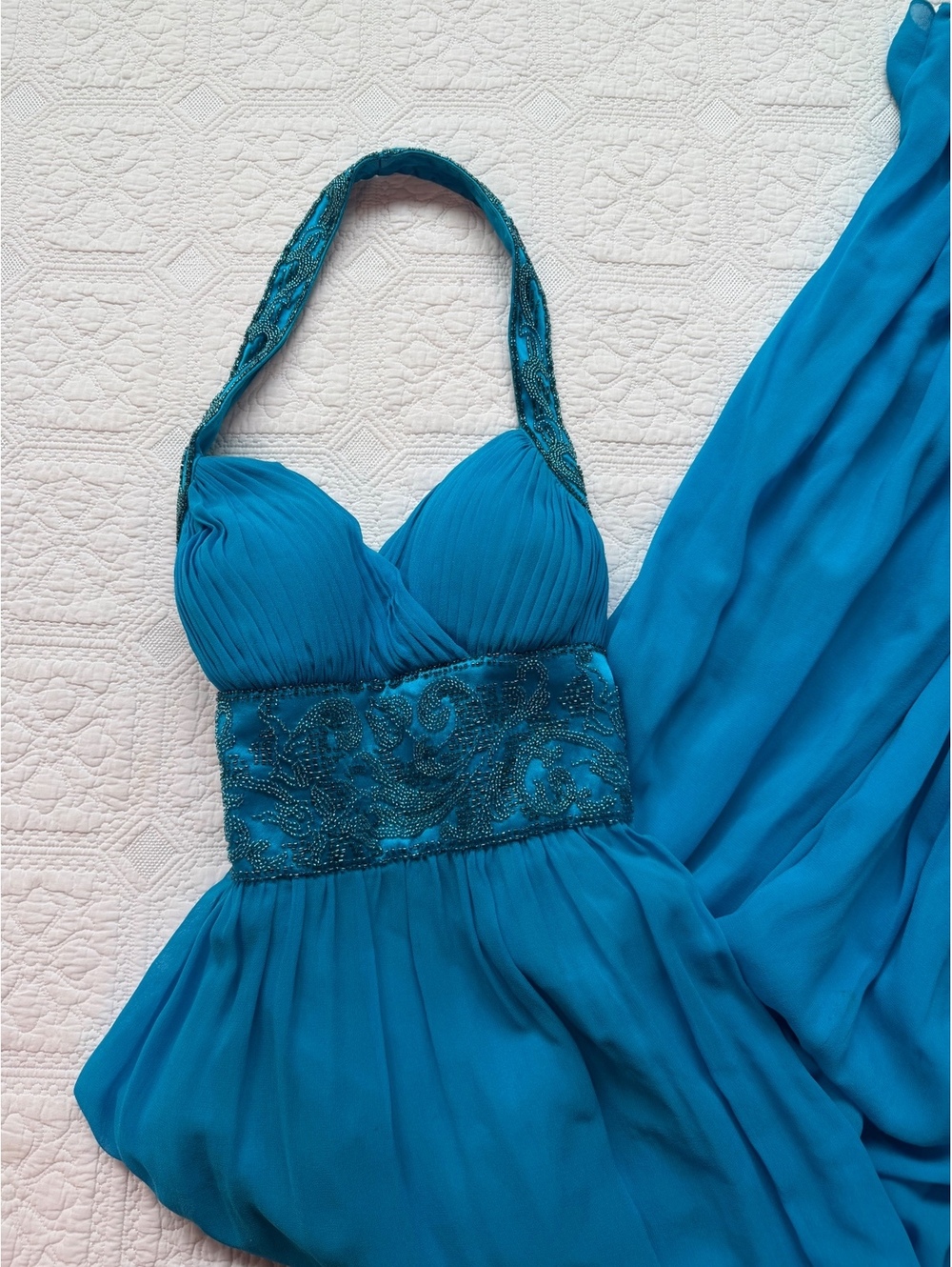 Vintage RARE SILK OC by OC Elegant Teal fairy core Halter Neck Gown BEADED